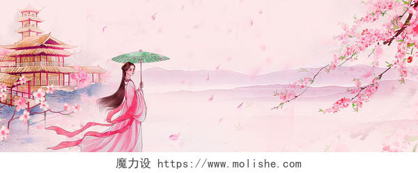 粉红色唯美中国风桃花花瓣雨楼台展板背景
